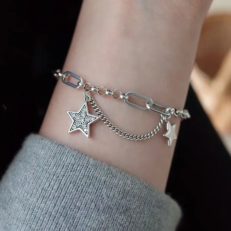 925 Sterling Silver Charm Bracelet &Bangle for Women Couples Vintage Simple Stars Zircon Bracelets Party Jewelry Gift