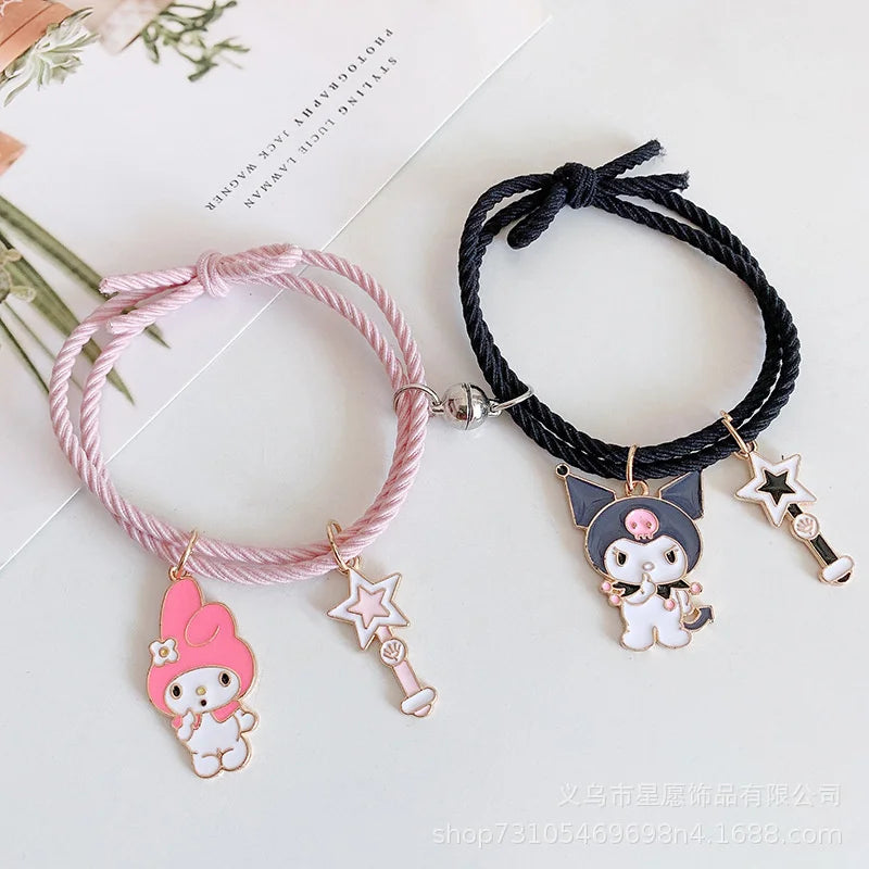 2Pcs Elastic Rope Paired Bracelet Magnetic Couple Charms Pendant Friendship Bracelet Fashion Jewelry Accessories for Women Girls