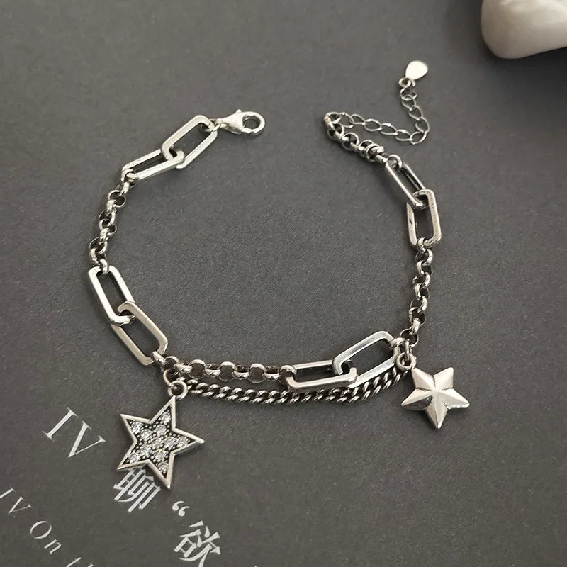 925 Sterling Silver Charm Bracelet &Bangle for Women Couples Vintage Simple Stars Zircon Bracelets Party Jewelry Gift