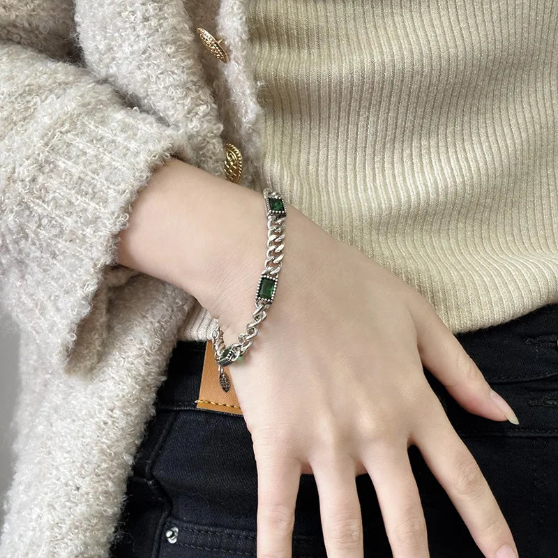 925 Sterling Silver Green Stone Retro Chain Bracelet For Women Men Charms Party Gift Wedding Engagement Fashion Jewelry