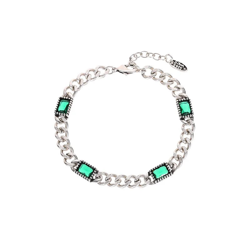 925 Sterling Silver Green Stone Retro Chain Bracelet For Women Men Charms Party Gift Wedding Engagement Fashion Jewelry