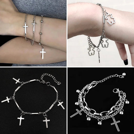 Retro Punk Gothic Layered Cross Bracelets On Hand Couple Bracelet For Women Kpop Fashion Jewelry Wedding Friends Gifts