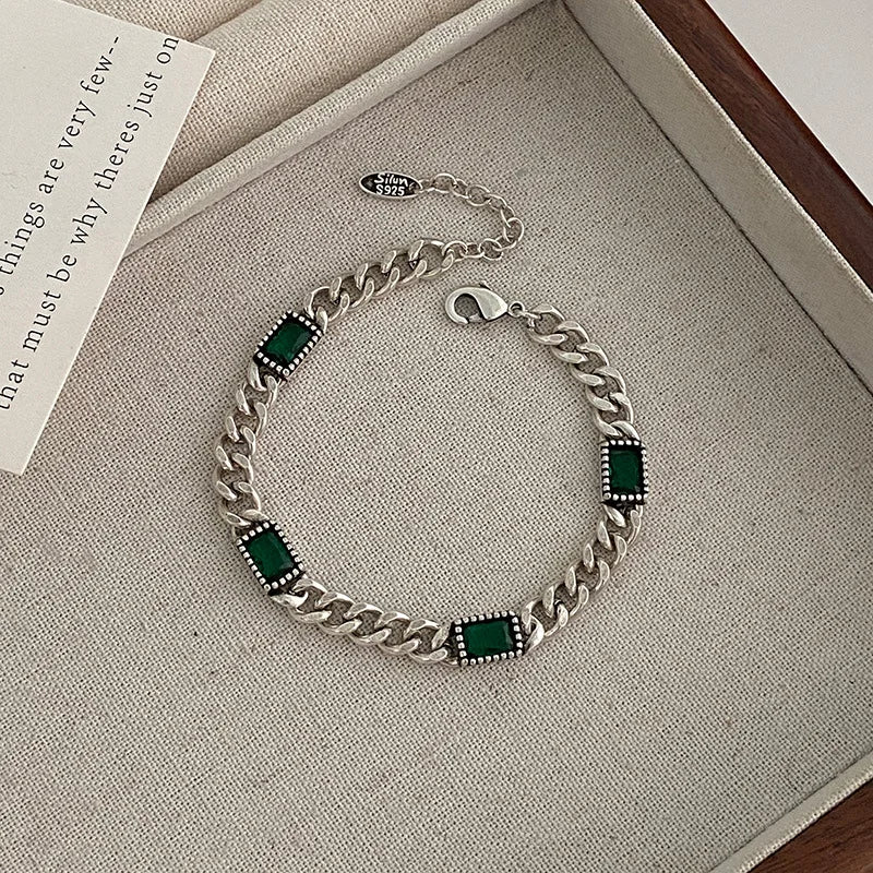 925 Sterling Silver Green Stone Retro Chain Bracelet For Women Men Charms Party Gift Wedding Engagement Fashion Jewelry