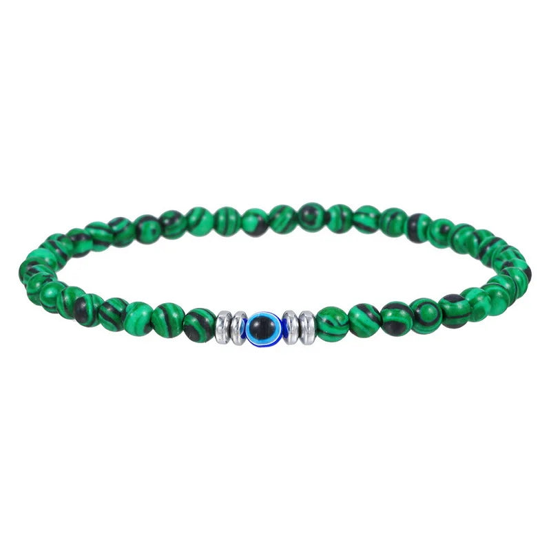 Exquisite 4mm Natural Stone Beads Bracelet for Women Men Lucky Turkish Blue Evil Eye Elastic Bracelet Couple Yoga Wrist Jewelry